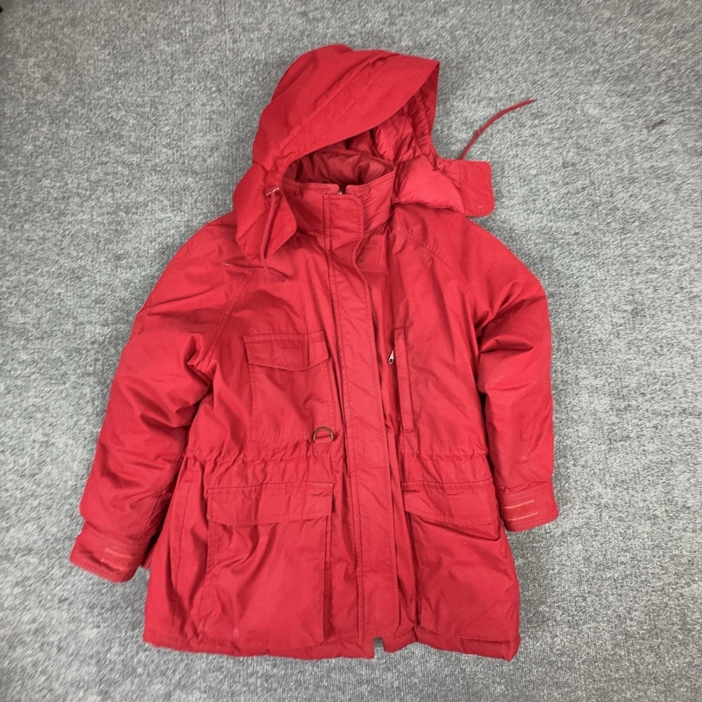 Eddie Bauer Coat Womens Petite Medium Red Hooded Down Parka Full Zip Pockets
